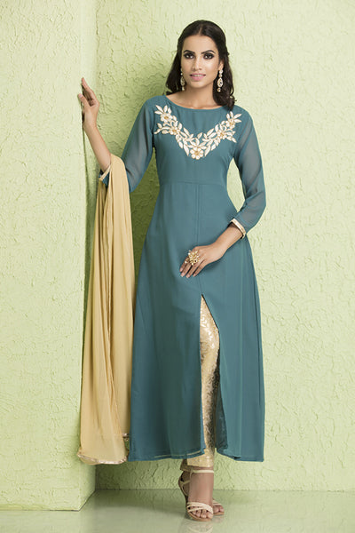 AQUA GOLD GEORGETTE READY TO WEAR SUIT - Asian Party Wear