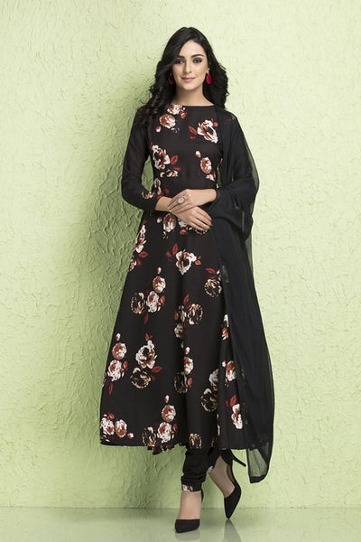 AC-128 BLACK CREPE AND CHIFFON PRINTED READY MADE SALWAR SUIT - Asian Party Wear