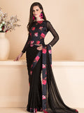 ACS-13 BLACK FLORAL EMBELLISHED SAREE WITH READY STITCHED BLOUSE - Asian Party Wear