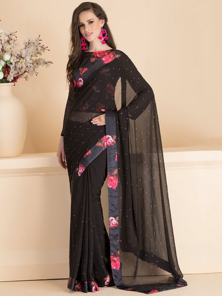 ACS-13 BLACK FLORAL EMBELLISHED SAREE WITH READY STITCHED BLOUSE - Asian Party Wear