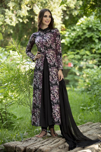 AC-135 BLACK AND WINE PRINTED JACKET STYLE READY MADE SUIT - Asian Party Wear