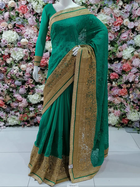 JADE GREEN ASIAN FESTIVE READYMADE SAREE - Asian Party Wear