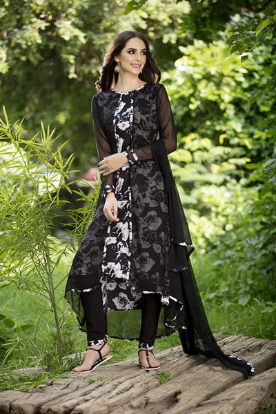 AC-141 BLACK ATTACH JACKET STYLE PRINTED DESIGNER READY MADE SUIT - Asian Party Wear