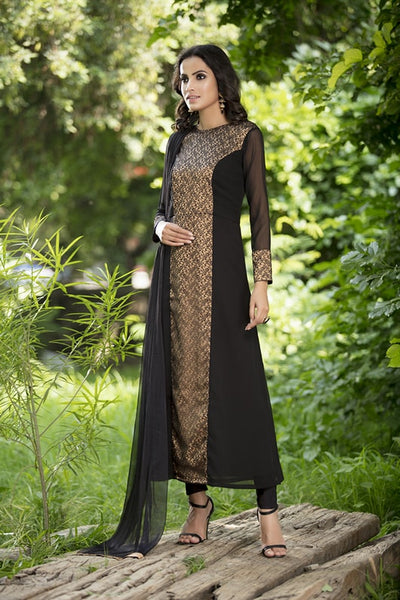 AC-145 BLACK STRAIGHT GEORGETTE READY MADE DRESS - Asian Party Wear