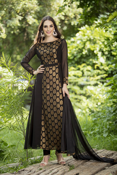 BLACK GEORGETTE EMBROIDERED READY MADE WEDDING WEAR DRESS - Asian Party Wear