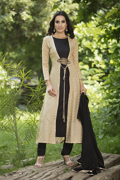 AC-149 BEIGE AND BLACK VISCOSE BUTTI GOLDEN JACKET STYLE READY MADE SUIT - Asian Party Wear