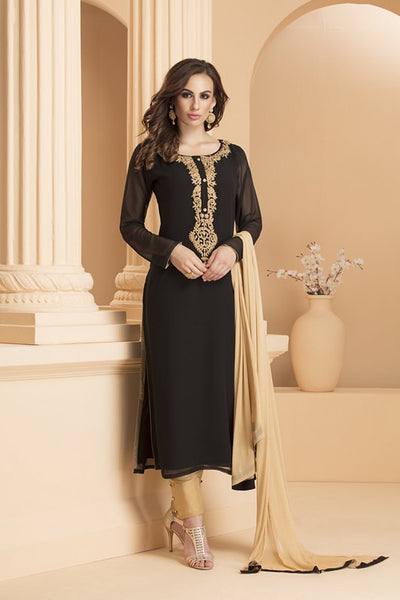 AC-156 BLACK AND GOLDEN GEORGETTE STRAIGHT CUT READY MADE SUIT - Asian Party Wear