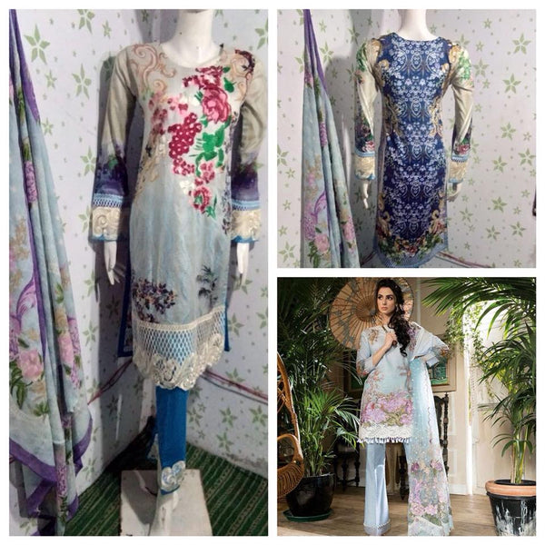 FADED DENIM PRINTED AND EMBROIDERED READY MADE PAKISTANI STYLE SUIT - Asian Party Wear