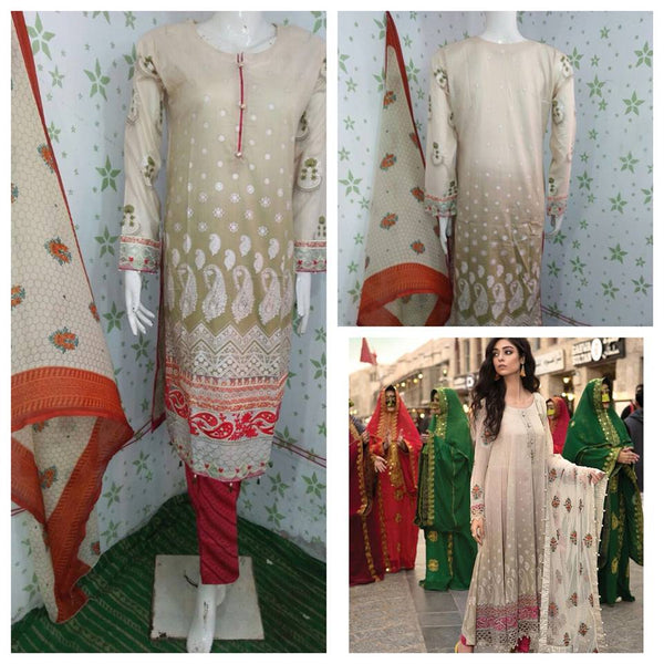 BEIGE MARIA B LUXURY READY TO WEAR SPRING LAWN SUIT - Asian Party Wear