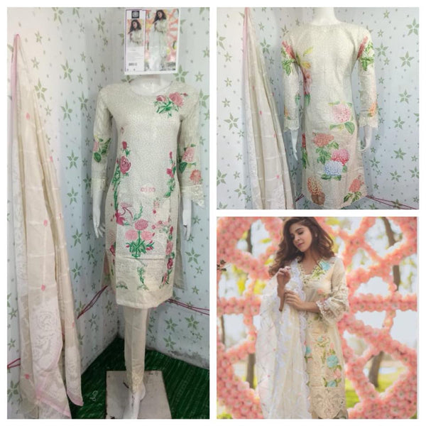 CREAM SUMMER WEAR PAKISTANI STYLE SALWAR SUIT - Asian Party Wear