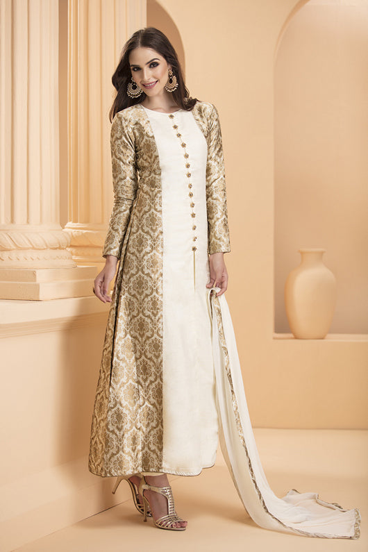 WHITE AND GOLDEN BROCADE DESIGNER READY TO WEAR DRESS WHITE AND GOLDEN BROCADE DESIGNER READY TO WEAR DRESS