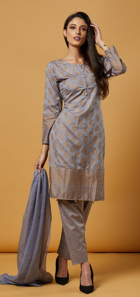 SLEET GREY BROCADE PRINTED ETHNIC SALWAR SUIT - Asian Party Wear