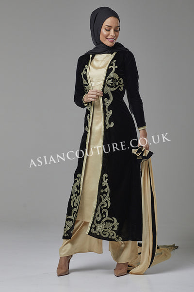 BLACK AND GOLD JACKET STYLE READY MADE DRESS - Asian Party Wear