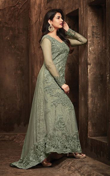 GREEN EMBELLISHED DESIGNER EVENING TAIL GOWN - Asian Party Wear