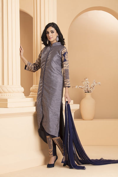 AC-171 GREY DUPION SHIRT AND BLUE TROUSER READY MADE INDIAN STYLE SUIT - Asian Party Wear