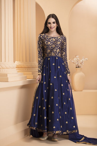 BLUE BROCADE READY MADE MAXI DRESS - Asian Party Wear