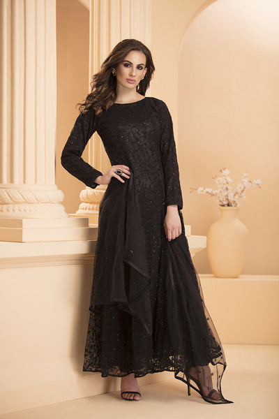 BLACK NET FULLY EMBROIDERED MAXI STYLE READY MADE SUIT - Asian Party Wear