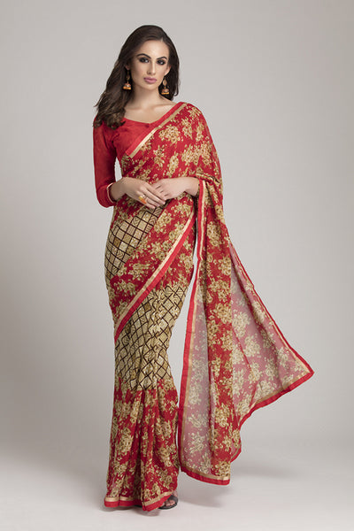 GORGEOUS RED AND BEIGE GEORGETTE INDIAN SAREE - Asian Party Wear