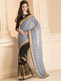 ASH GREY AND BLACK CONTRAST DESIGNER SAREE - Asian Party Wear