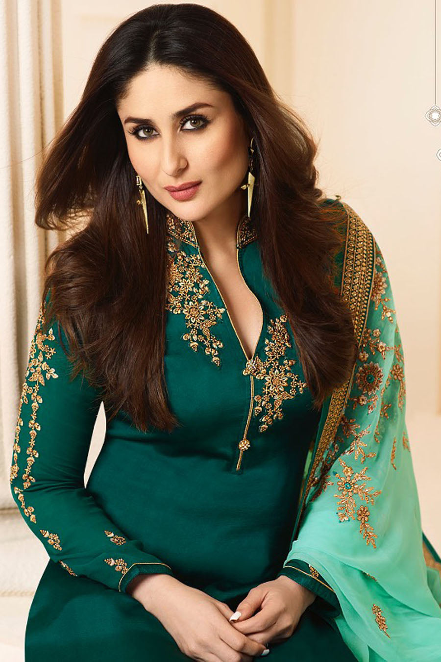 6272 GREEN KASEESH KAREENA KAPOOR SATIN GEORGETTE SUIT WITH HEAVY WORK DUPATTA