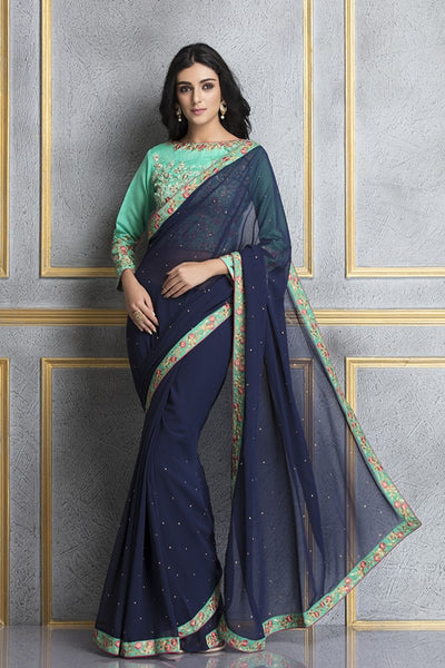 ACS-61 NAVY BLUE AND RAMA GEORGETTE AND DUPION EMBROIDERED PARTY WEAR SAREE - Asian Party Wear