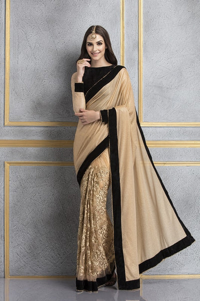 ACS-65 CUBAN SAND AND BLACK GOLDEN PEARL LACE EMBROIDERED WEDDING SAREE - Asian Party Wear