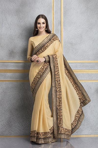 ZACS-68 BEIGE GEORGETTE ORNATE THREADWORK WEDDING WEAR SAREE - Asian Party Wear