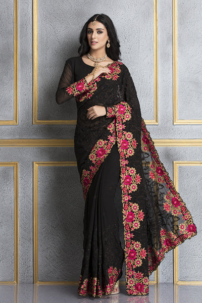 ZACS-69 BLACK GEORGETTE EMBROIDERED INDIAN PARTY WEAR SAREE - Asian Party Wear