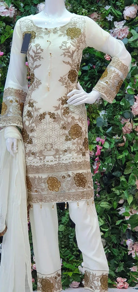 WHITE READY TO WEAR CHIFFON EMBROIDERED PAKISTANI SALWAR SUIT - Asian Party Wear