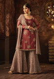 MAROON AND BEIGE INDIAN WEDDING GHARARA SEMI STITCHED SUIT ( DELIVERY IN 2 WEEKS ) - Asian Party Wear