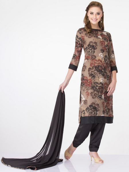 Black & Brown Printed Polyester Readymade Salwar Suit - Asian Party Wear