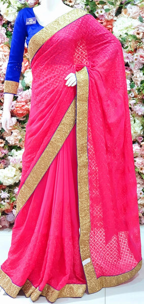 HOT PINK & GOLD DESI WEDDING WEAR SAREE - Asian Party Wear