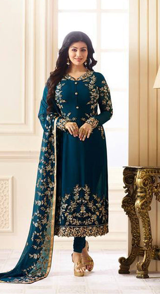 18012 TEAL BLUE SIMAR REENAZ AYESHA TAKIA PARTY WEAR ELEGANT SEMI STITCHED SALWAR SUIT - Asian Party Wear