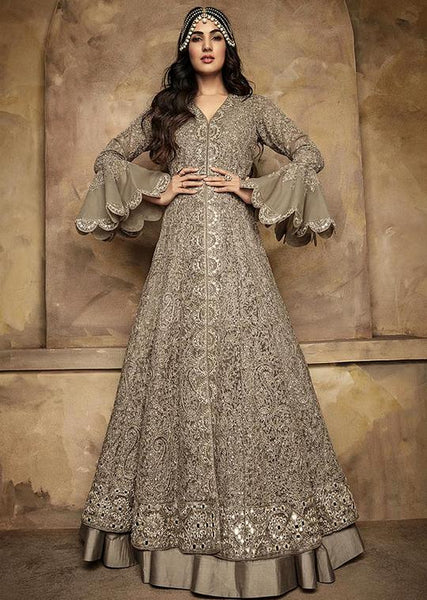 GREY HEAVY EMBROIDERED WEDDING ANARKALI BRIDESMAID DRESS - Asian Party Wear