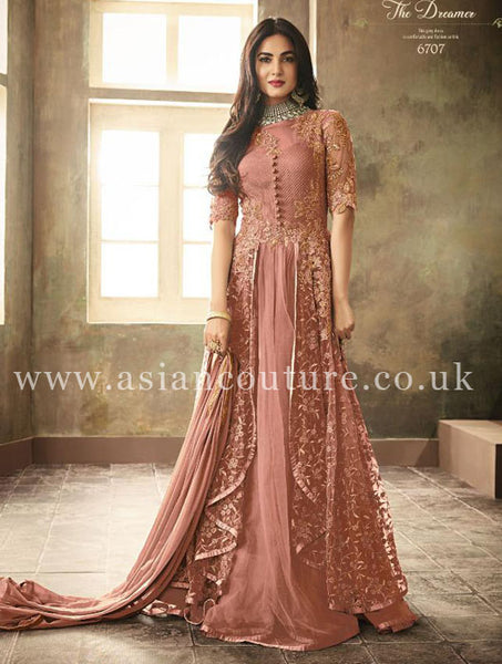 PEACH PAKISTANI INDIAN WEDDING READYMADE GOWN - Asian Party Wear