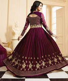 17001 PLUM GLOSSY SIMAR HEAVY EMBROIDERED SEMI STITCHED ANARKALI STYLE GOWN - Asian Party Wear