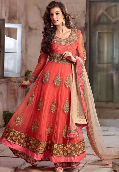 4105-A ORANGE RANI DESIGNER ANARKALI DRESS - Asian Party Wear