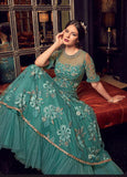 TURQUOISE PARTY WEAR HEAVY WORK DESIGNER ANARKALI GOWN - Asian Party Wear