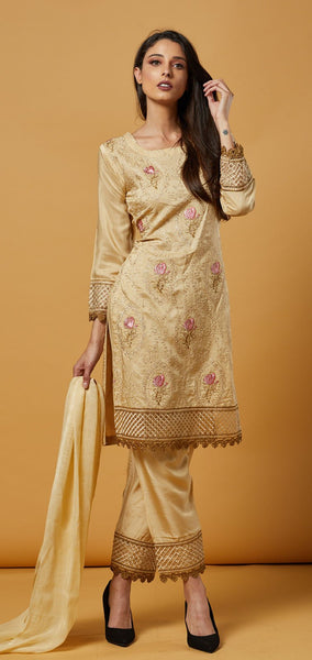 Beige Floral Embroidered Ready To Wear Salwar Kameez - Asian Party Wear