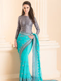 BISCAY GREEN & ASH GREY DESIGNER PARTY SAREE - Asian Party Wear