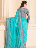 BISCAY GREEN & ASH GREY DESIGNER PARTY SAREE - Asian Party Wear