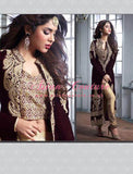 M2605 MAROON AND GOLD MASKEEN MAISHA DESIGNER SUIT - Asian Party Wear