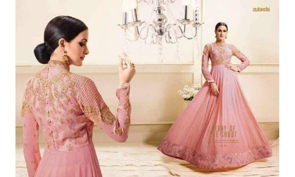 Z-303 PINK ZUBEDA INDIAN DESIGNER GEORGETTE ANARKALI SUIT - Asian Party Wear