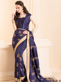 ZACS-26 NAVY BLUE INDIAN DESIGNER PARTY WEAR SAREE WITH FULL SLEEVE BLOUSE - Asian Party Wear