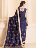 ZACS-26 NAVY BLUE INDIAN DESIGNER PARTY WEAR SAREE WITH FULL SLEEVE BLOUSE - Asian Party Wear