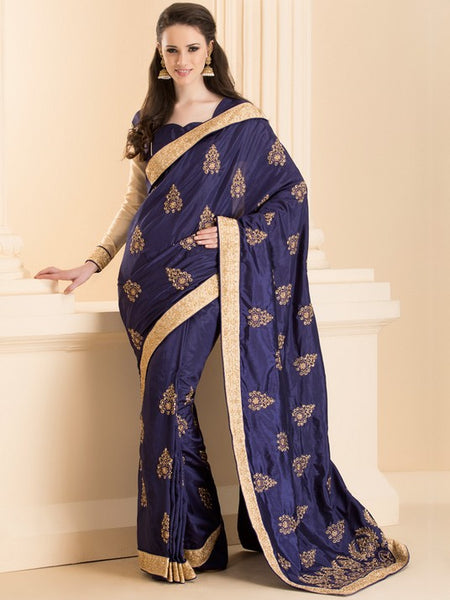 ZACS-26 NAVY BLUE INDIAN DESIGNER PARTY WEAR SAREE WITH FULL SLEEVE BLOUSE - Asian Party Wear