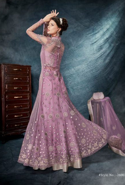 PURPLE NET SILK SIDE SLIT INDIAN WEDDING DRESS - Main Image