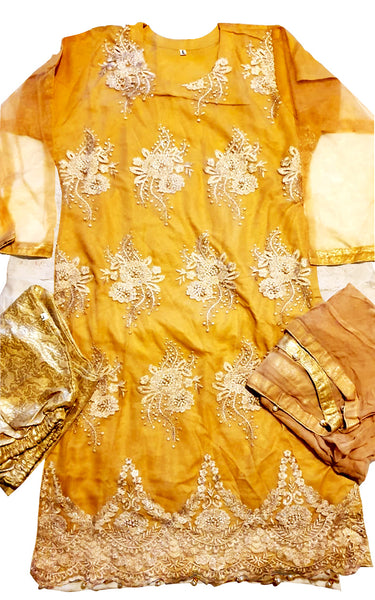 AMBERGLOW MUSTARD HEAVY EMBROIDERED PAKISTANI SUIT - Asian Party Wear