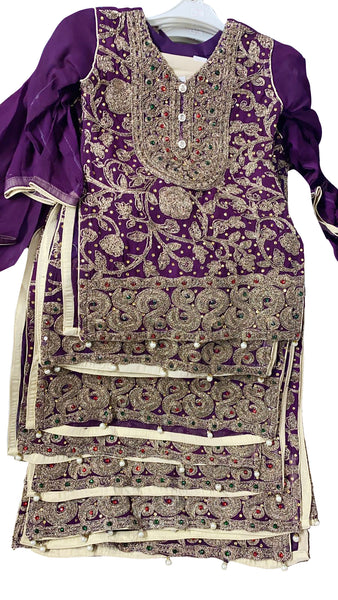 Plum Embroidered Chiffon Girls Suit - Asian Party Wear