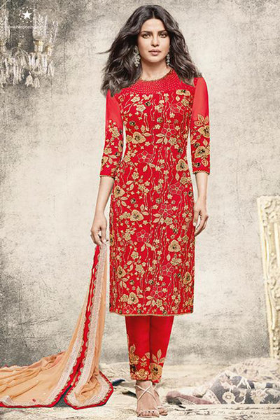 ZH5190 RED HEROINE STARDIVA PRIYANKA CHOPRA GEORGETTE STRAIGHT CUT SUIT - Asian Party Wear